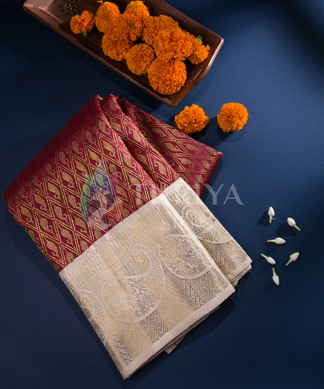 Maroon and Half White Pure Zari Kanchipuram Silk Saree - TSW0807