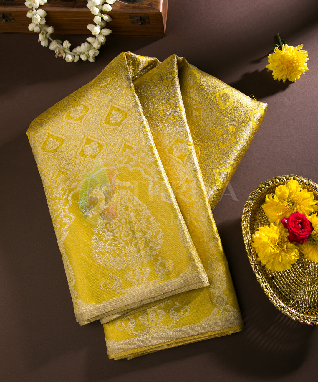Yellow Kanchipuram silk Saree with Silver Zari - TSW1167 - View 1