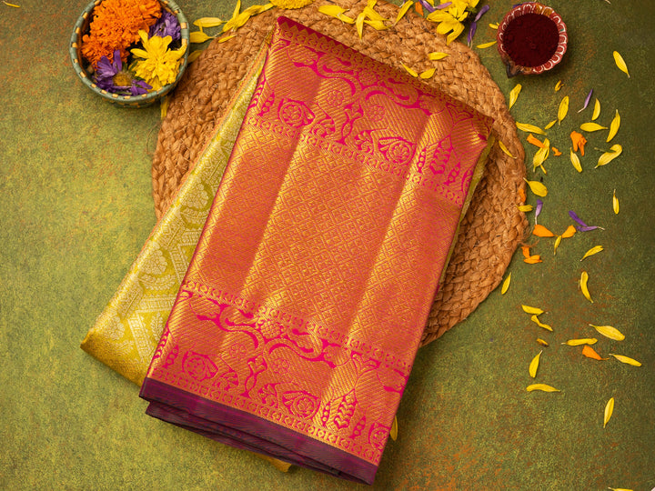 Sea Green and Pink Pure Zari Kanchipuram Silk Saree - TSW0834