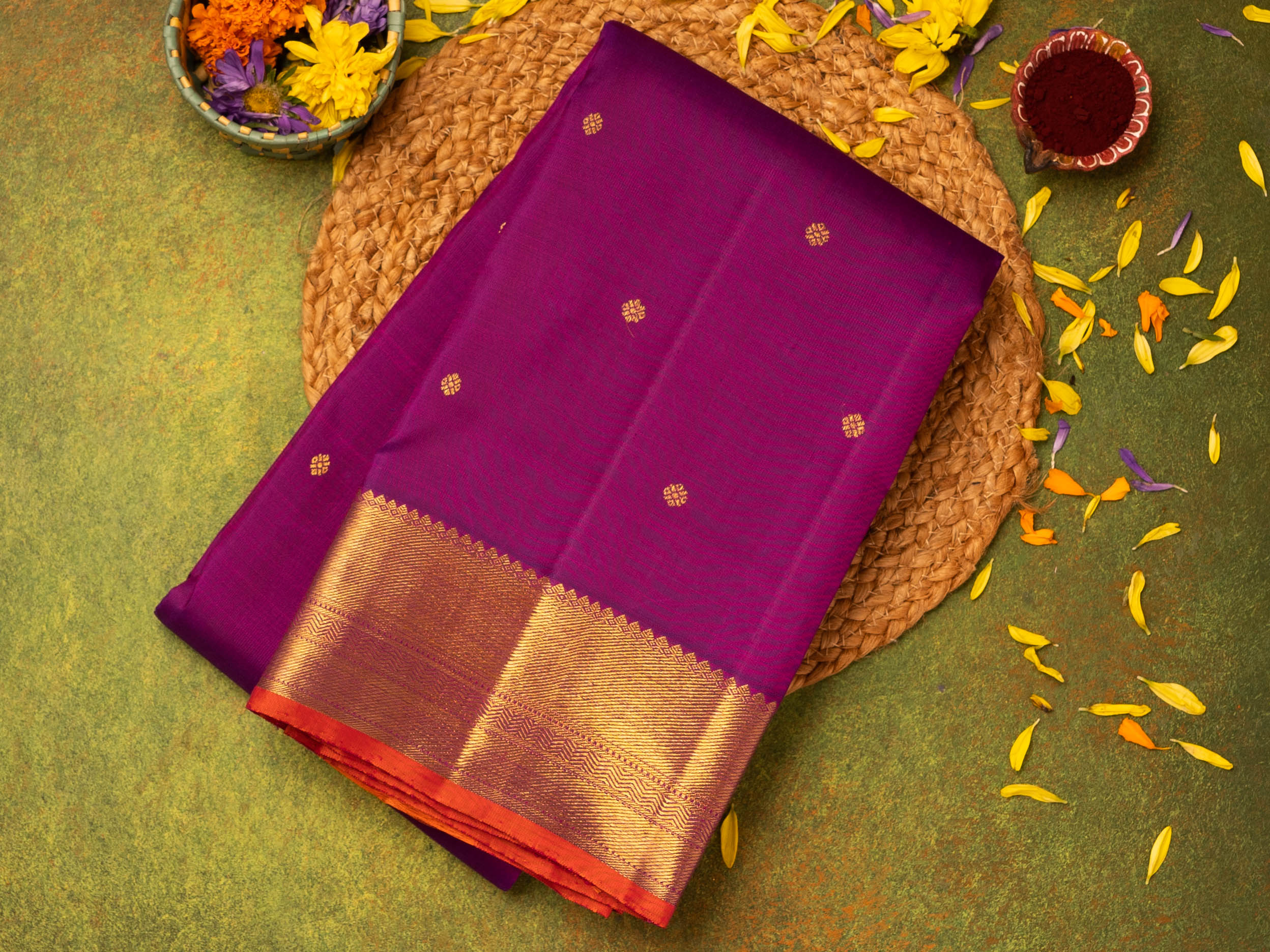 Kanchipuram Pure Cotton x Copper zari saree - Magenta x Plum