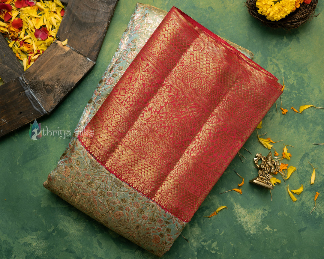 Sea Green With Pink Border Pure Zari Kanchipuram Silk Saree -  TSW0786
