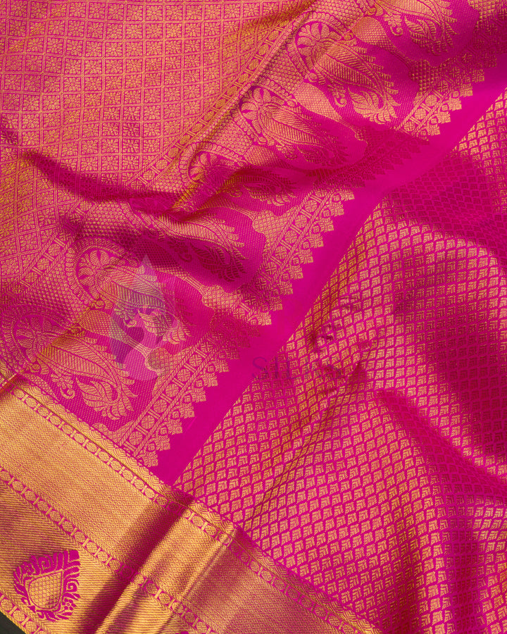 Close-up of zari border with paisley designs on pink Kanchipuram silk saree