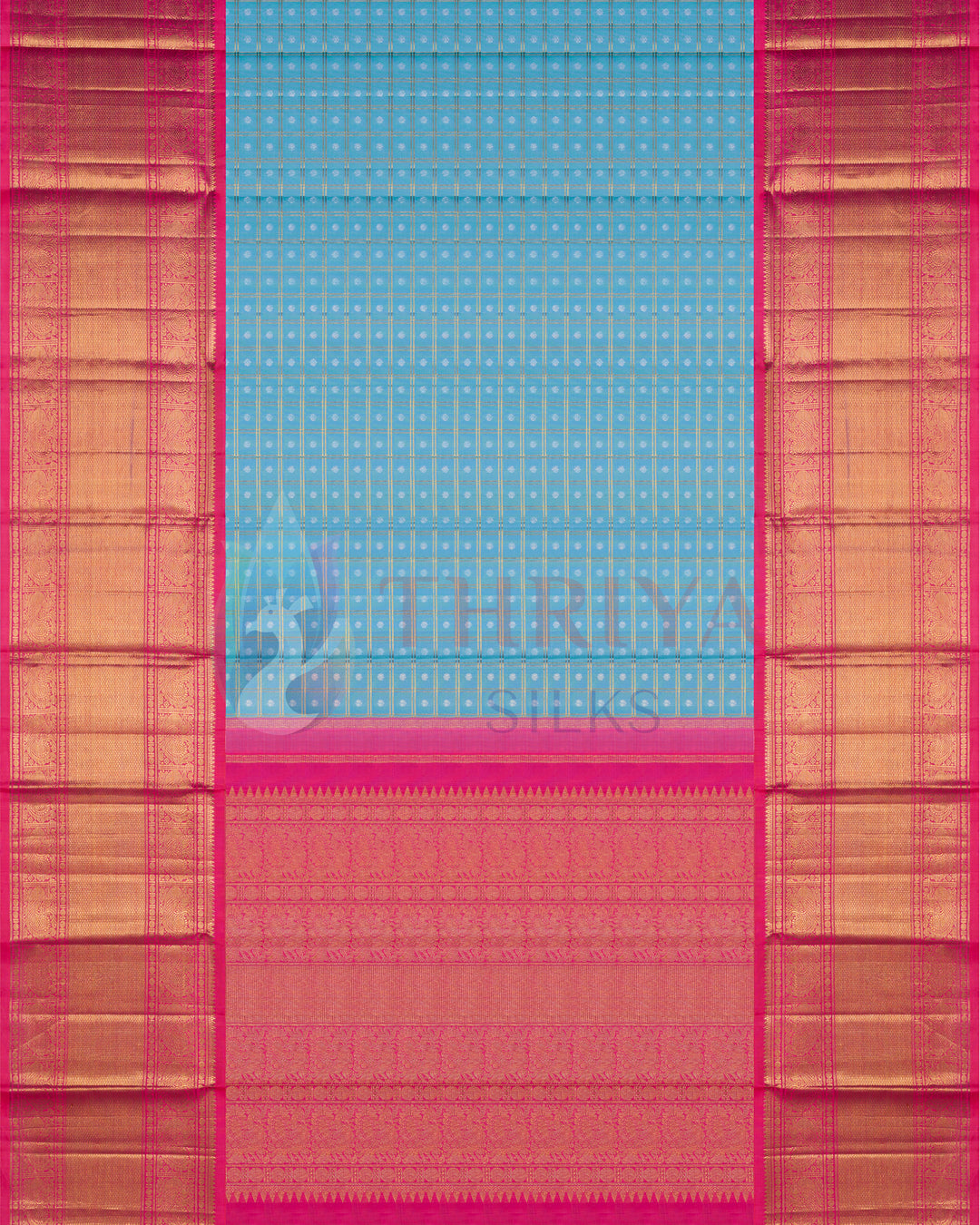 Full layout of pink and blue Kanchipuram silk saree with traditional gold zari and korvai border