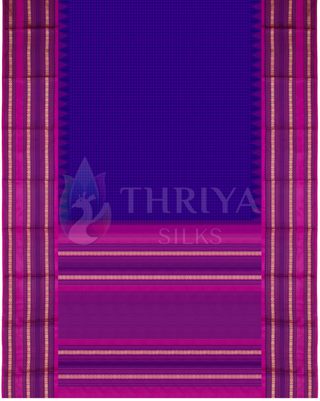 Full layout of purple silk saree with pink and gold zari border, traditional design from Thriya Silks