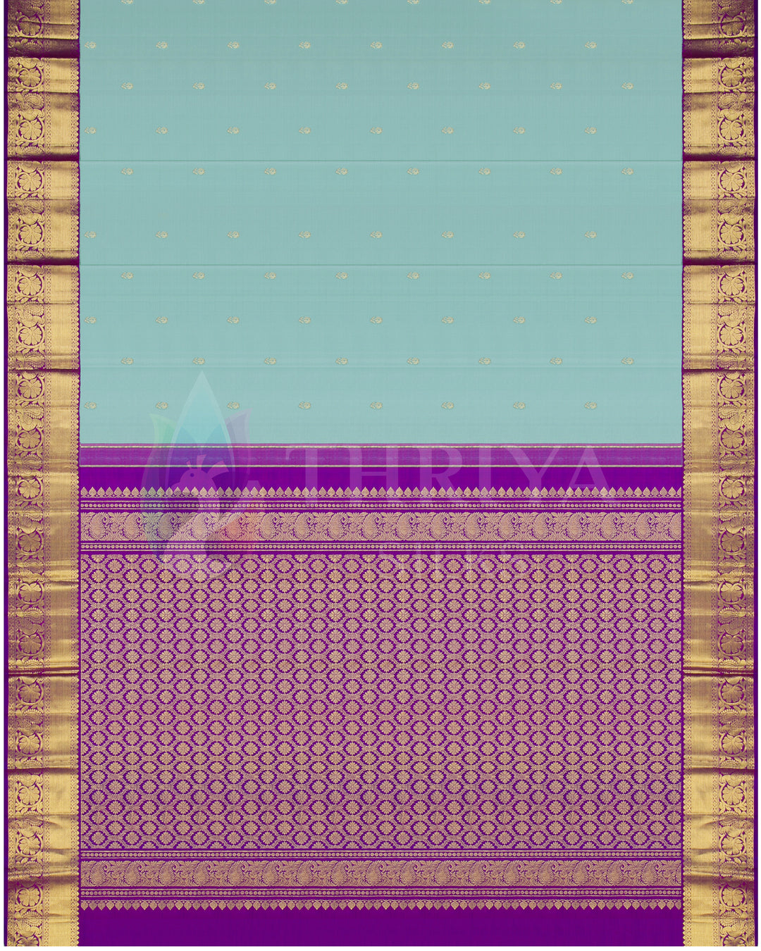 Full display of Thriya Kanchipuram saree with soft blue base, gold motifs, and richly woven purple zari pallu