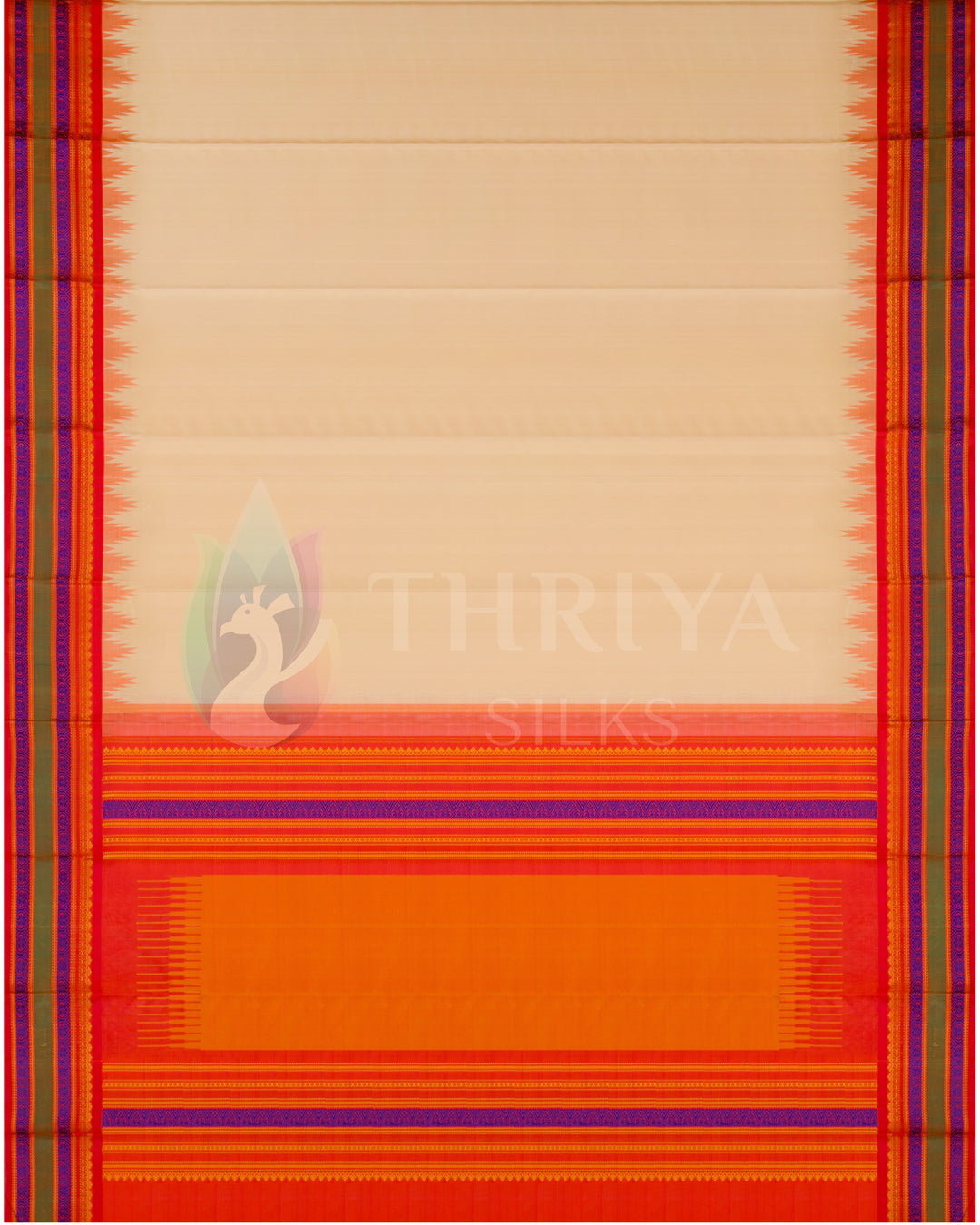 Complete layout of beige silk saree with red-orange body and traditional blue zari border, from Thriya Silks