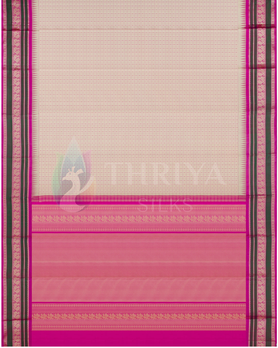 Full layout of cream silk saree with traditional pink and olive green border, from Thriya Silks