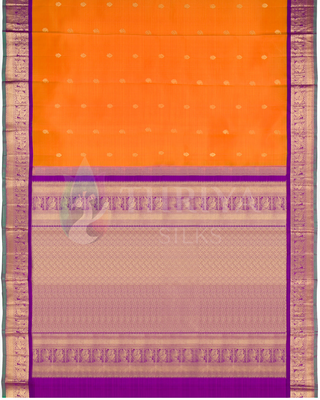 Full view of orange silk saree with golden buttas, intricate zari purple pallu, and borders