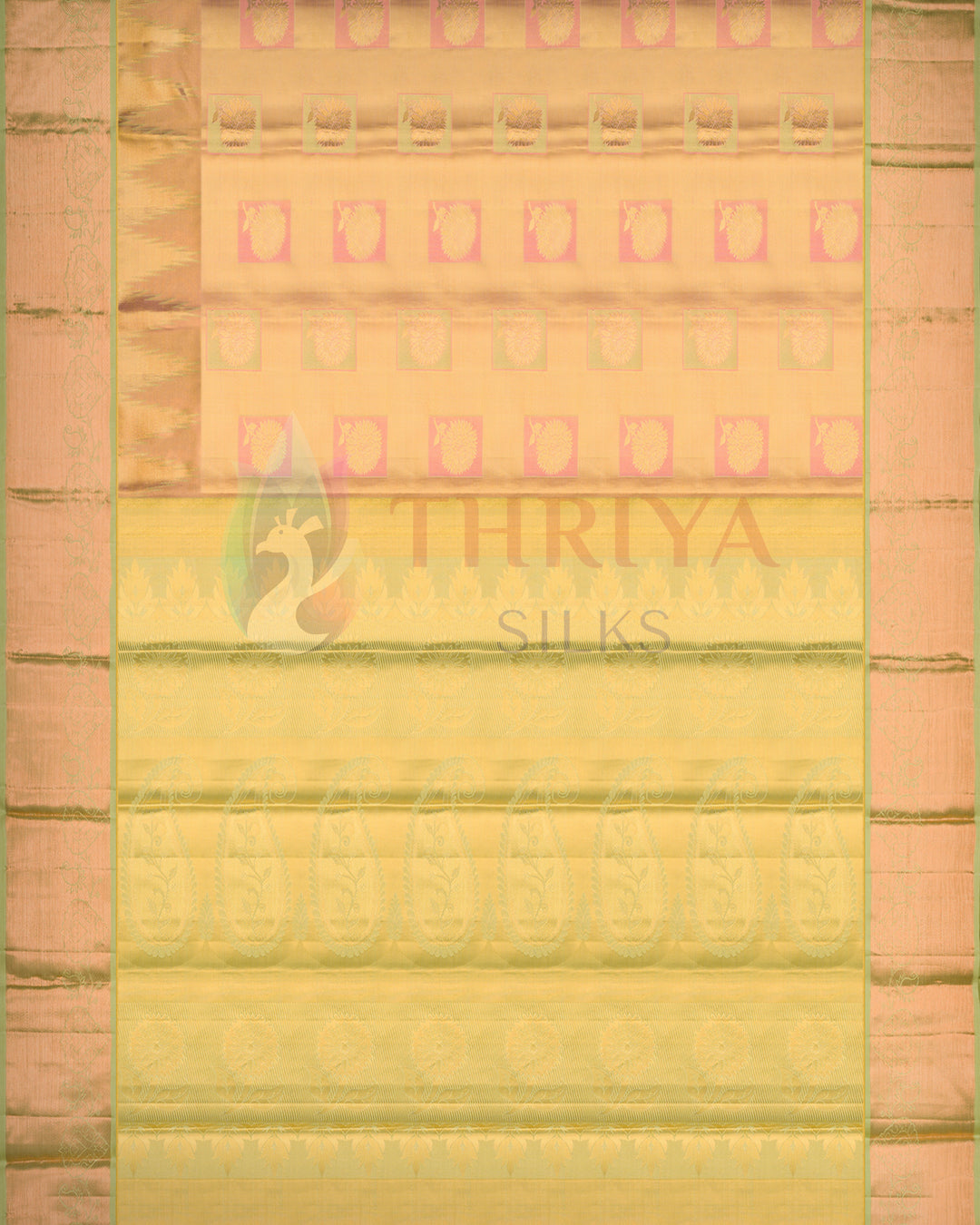 Draped golden yellow Kanjivaram silk saree with contrasting green zari border, showcasing traditional elegance and intricate weaving.
