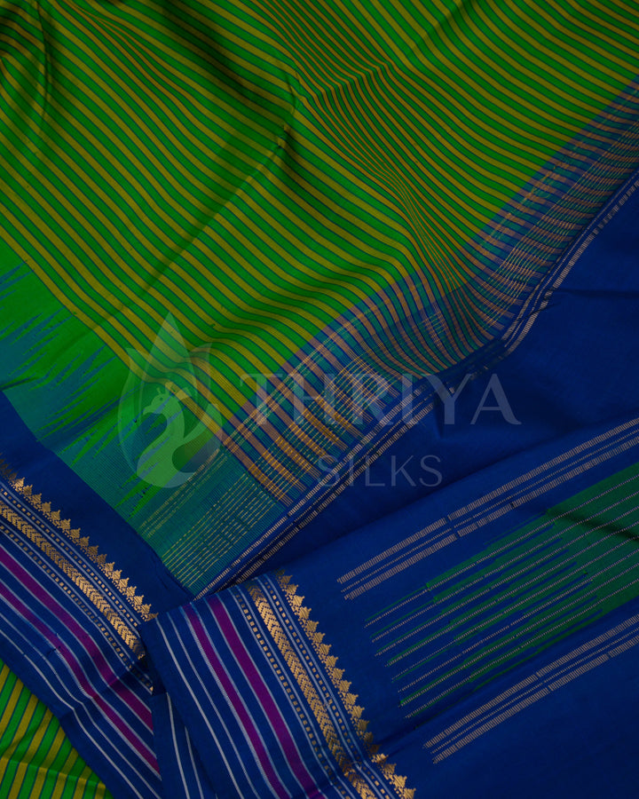 Close-up of green and blue silk saree fabric and detailed golden border work, Thriya Silks