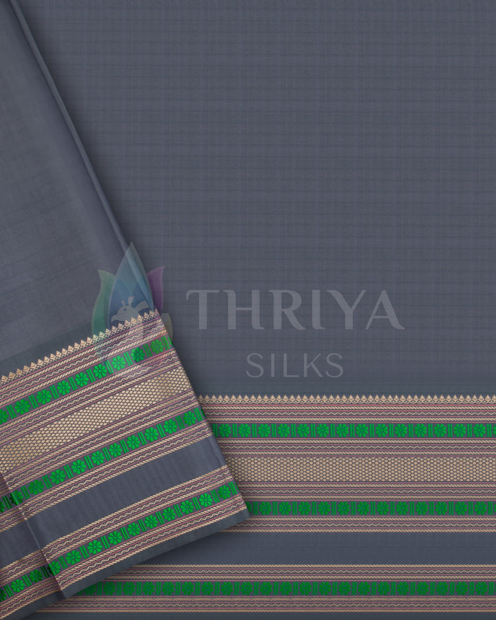 Grey blouse piece with green and gold zari border – elegant contrast for beige silk saree from Thriya Silks