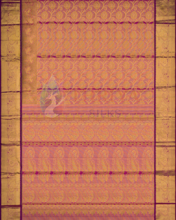Full view of pink and gold Kanjivaram silk saree with floral motifs and zari pallu – traditional saree design