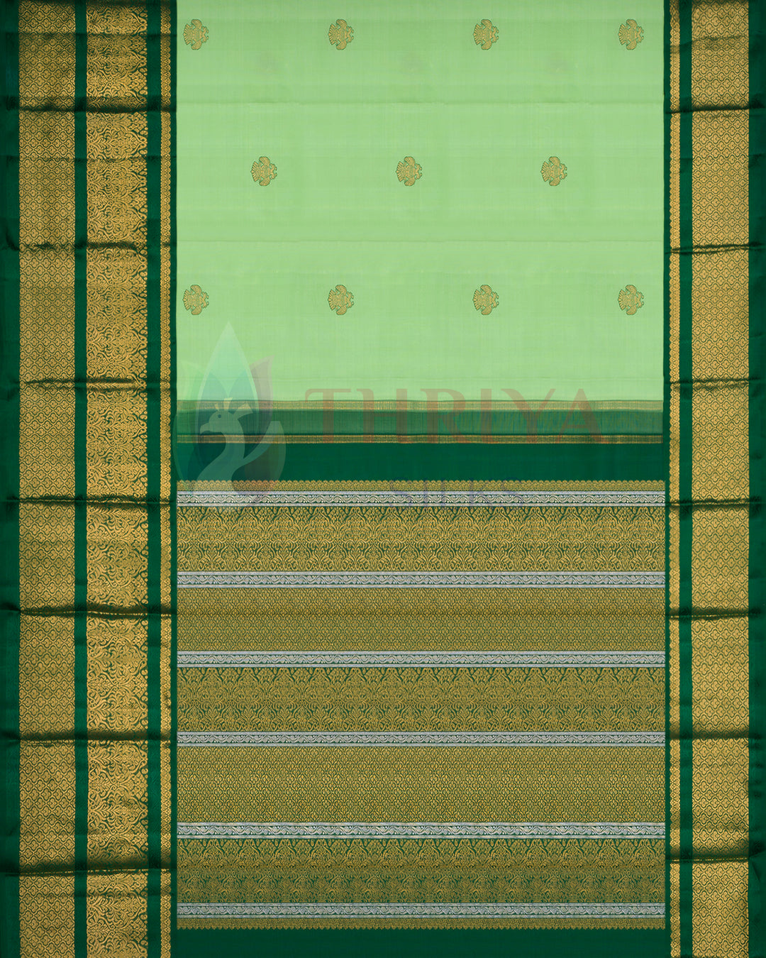 Light green Kanchipuram silk saree with gold floral buttas and intricately woven zari pallu