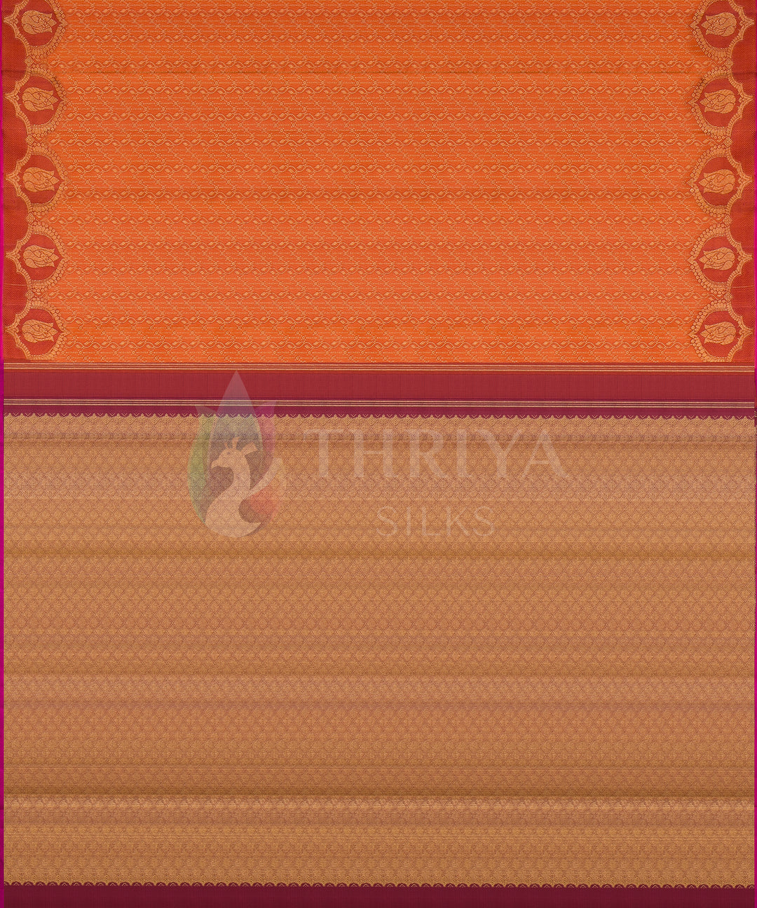 Dual tone Kanchipuram silk saree with vibrant orange body and intricate golden beige pallu bordered in maroon