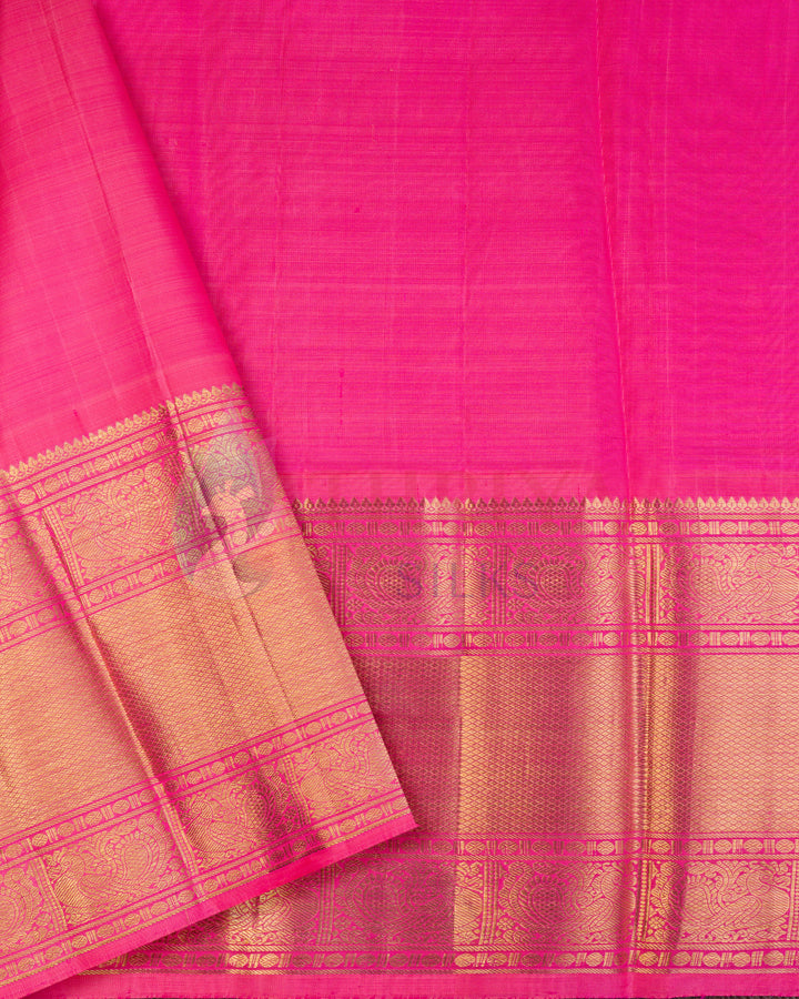 Pink pleats of Kanchipuram silk saree with traditional gold zari border, no pallu visible