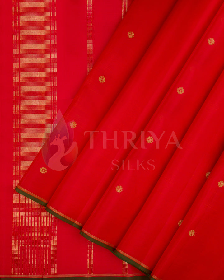 Vibrant red Kanjivaram silk saree with gold zari buttas and striped pallu – front pleated view from Thriya Silks