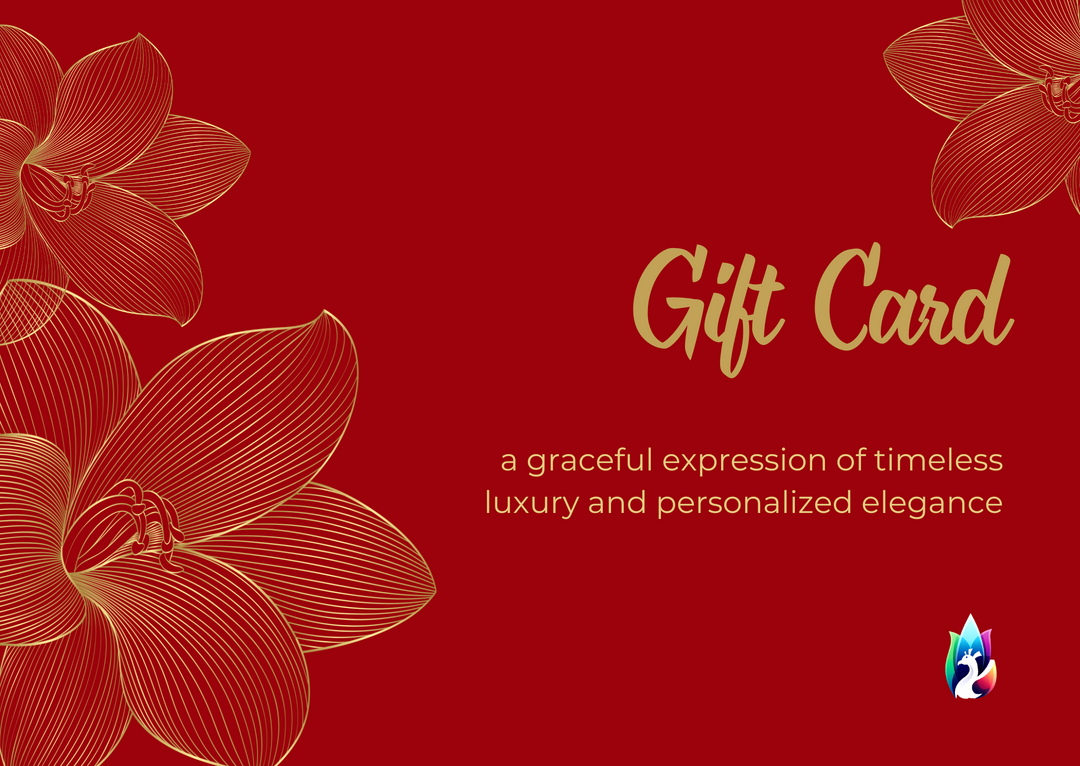 Thirya Silks elegant red gift card featuring gold floral design – a timeless luxury gifting option with personalized elegance