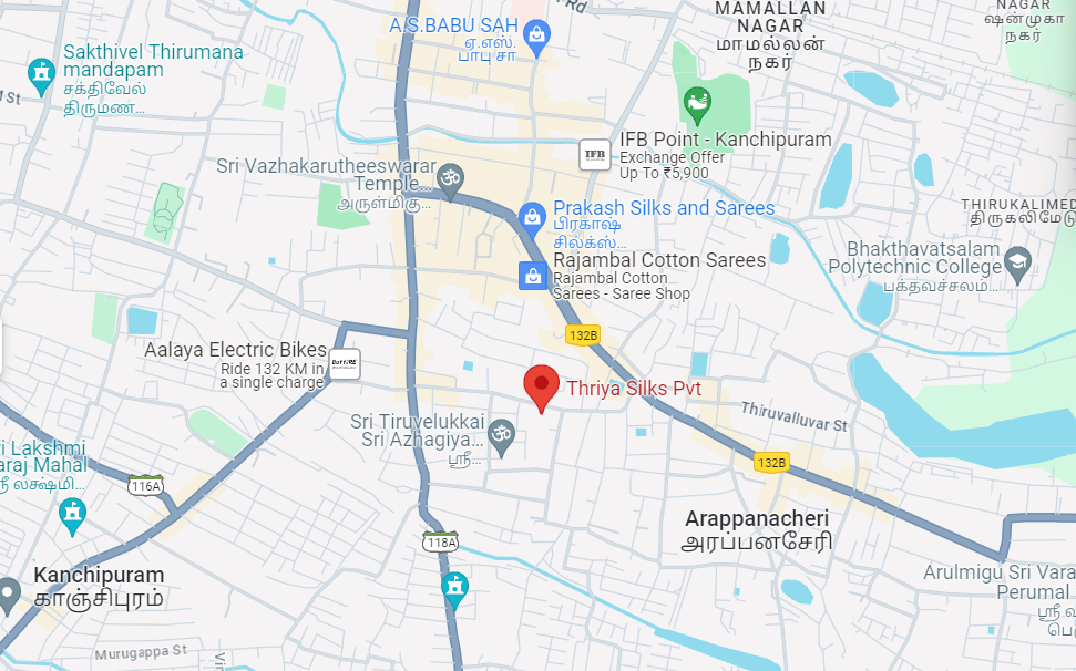 Google Maps snapshot showing the Kanchipuram Thriya Silks Pvt Ltd location, zoomed in.