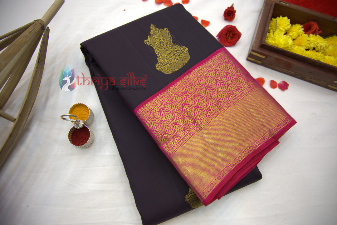 Black with Pink Border Pure Zari Kanchipuram Silk Saree - TSW0809