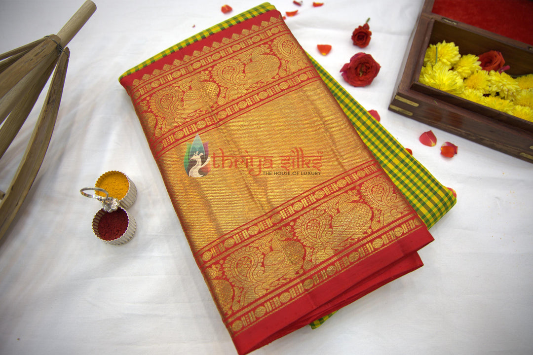 Yellow with Red Border Pure Zari Kanchipuram Silk Saree - TSW0802