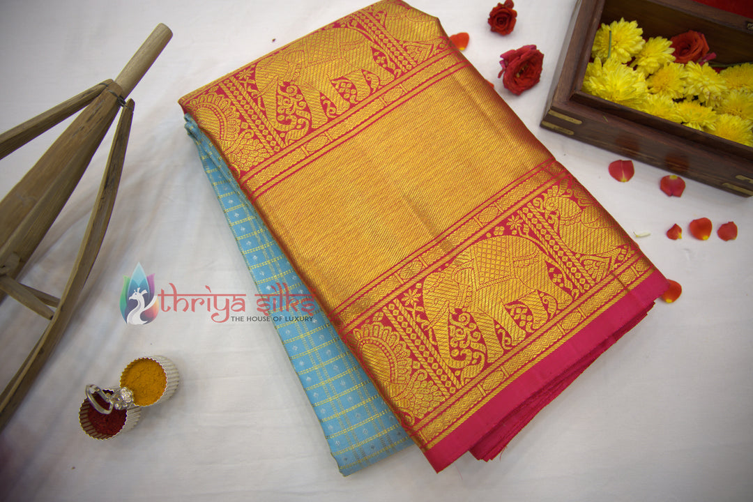 Sky Blue and Pink Border Pure Zari Kanchipuram Silk Saree - TSW0801