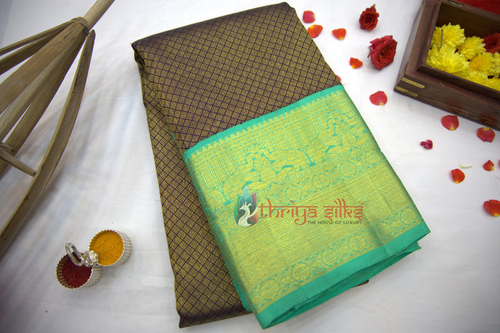 Brown with Sea Green Border Pure Zari Kanchipuram Silk Saree - TSW0812