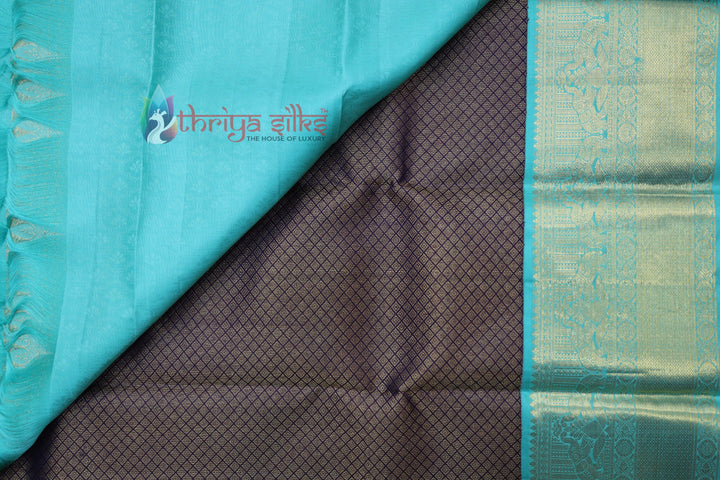 Brown with Sea Green Border Pure Zari Kanchipuram Silk Saree - TSW0812 - View 2