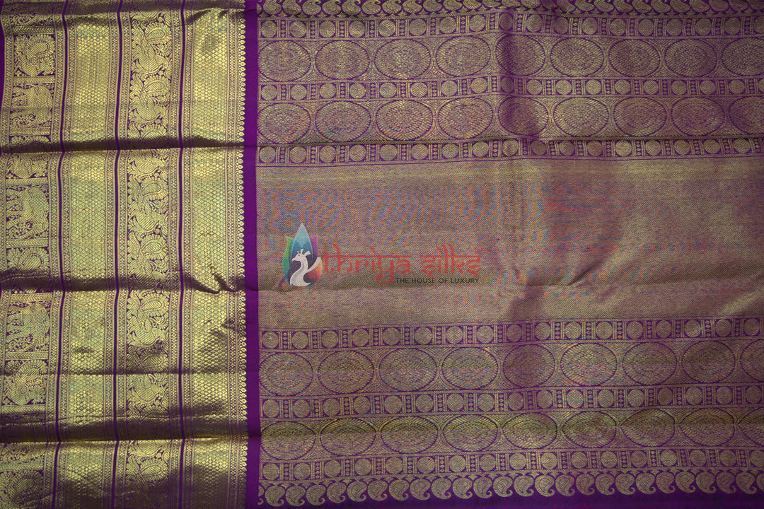 Pista Green with Dark Purple Border Pure Zari Kanchipuram Silk Saree - TSW0803 - VIew 3