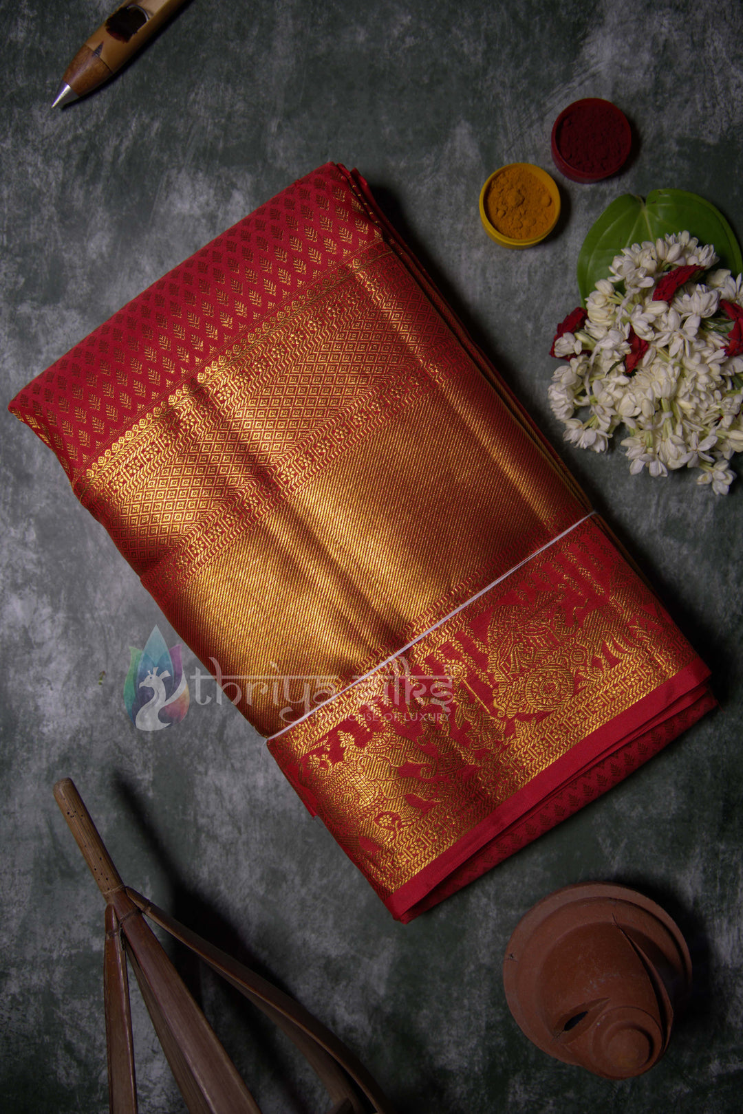 Red and Orange Pure Zari Kanchipuram Silk Saree - TSW0836