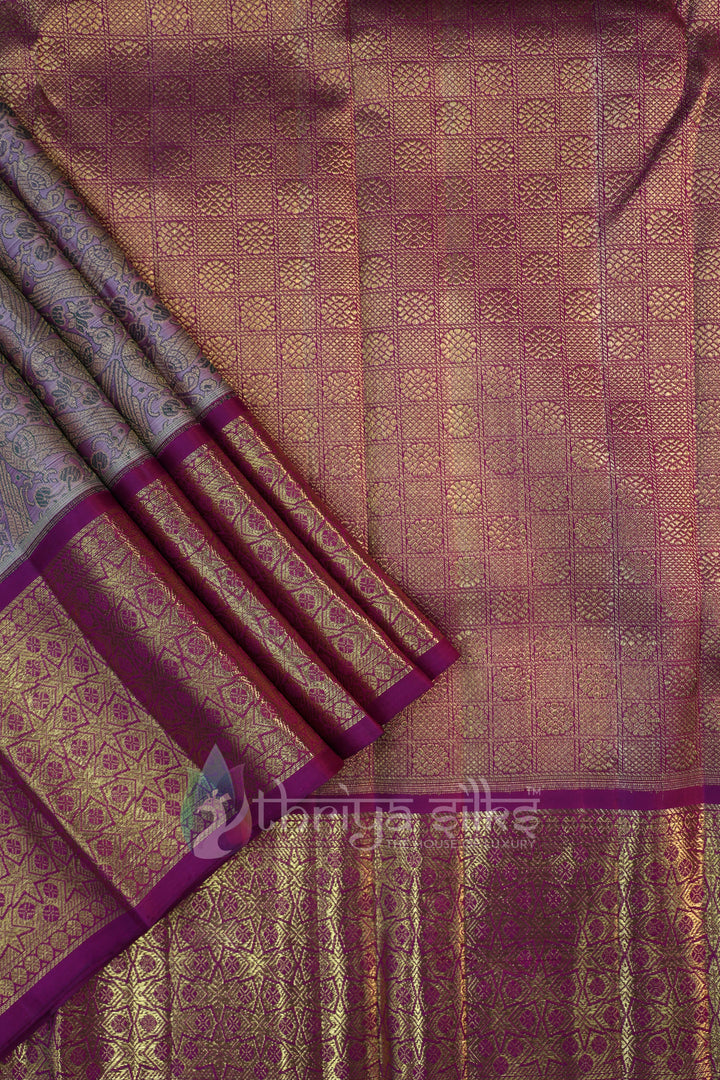 Lavender and Majenta Pure Zari Kanchipuram Silk Saree -  TSW0855 - View 1