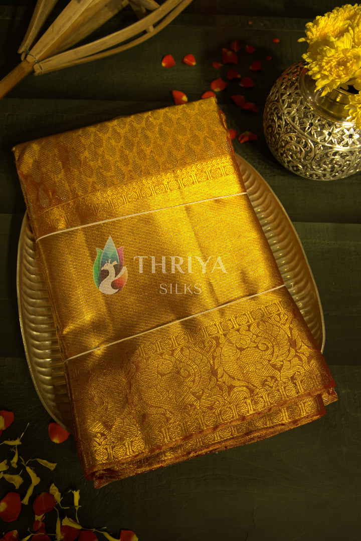 Golden Kanchipuram Silk Saree with Mango Motifs - TSW0922