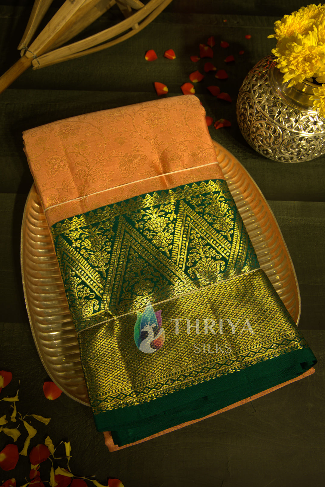 Peach And Green Kanchipuram Silk Saree - TSW1125