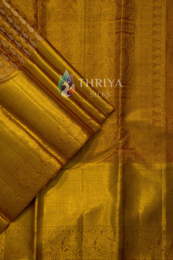 Golden Kanchipuram Silk Saree with Mango Motifs - TSW0922