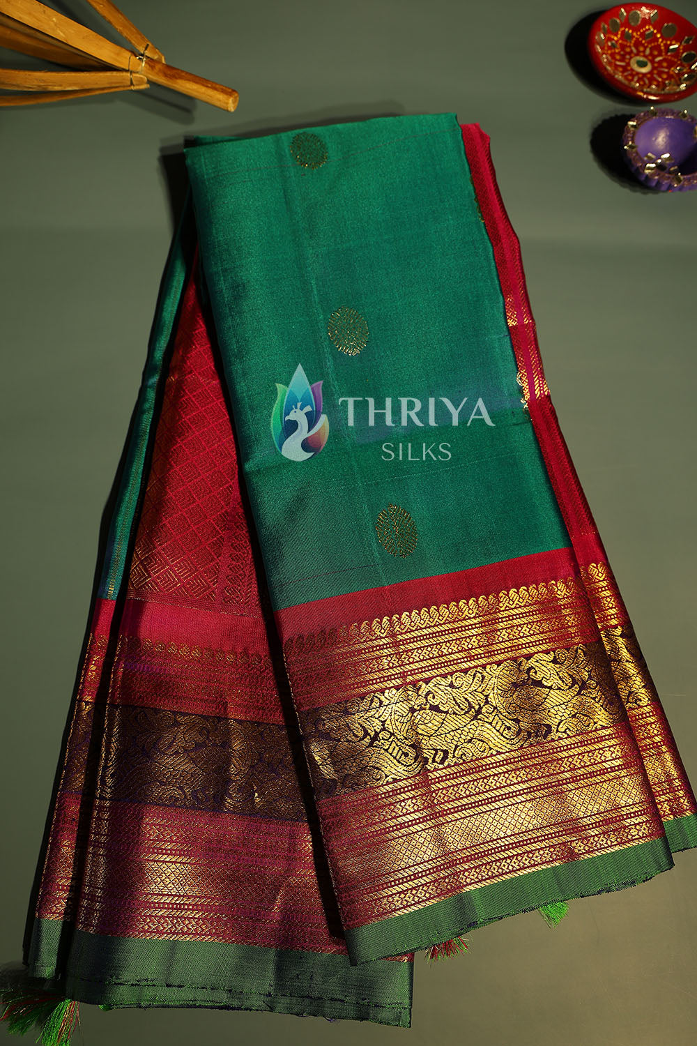 Peacock Green Gadwal Silk Dupatta - TSGA290437 - View 1