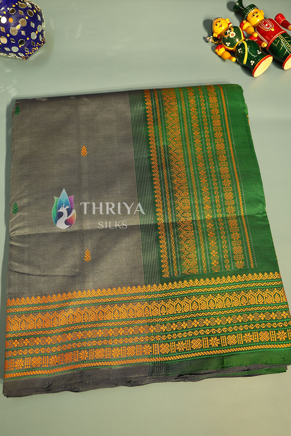 Silk Cotton Saree in Grey And Green - TCS030501