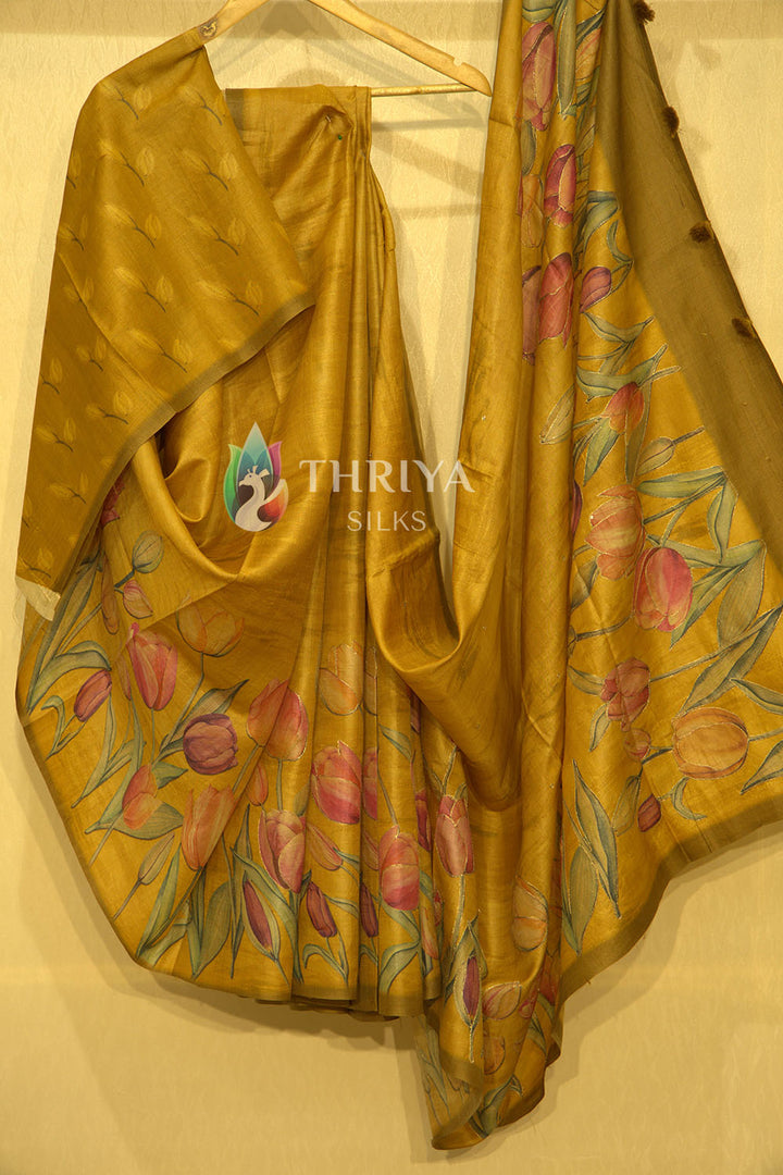 Golden Yellow Tussar Silk Saree - TWFMN0786 - View 1