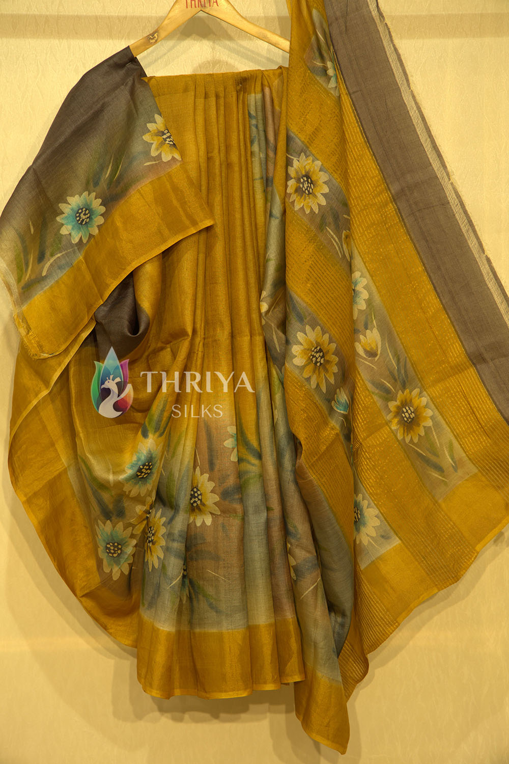 Hand Painted Tussar Silk Saree in Yellow - TWFMN0790 - View 1