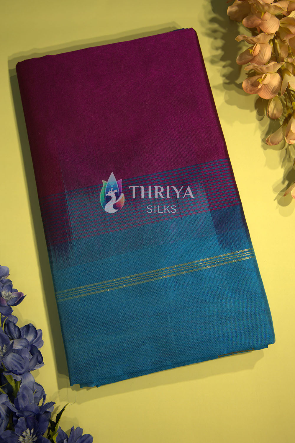 Silk Cotton Saree in Purple and Sky Blue - TSSB040501 - View 1