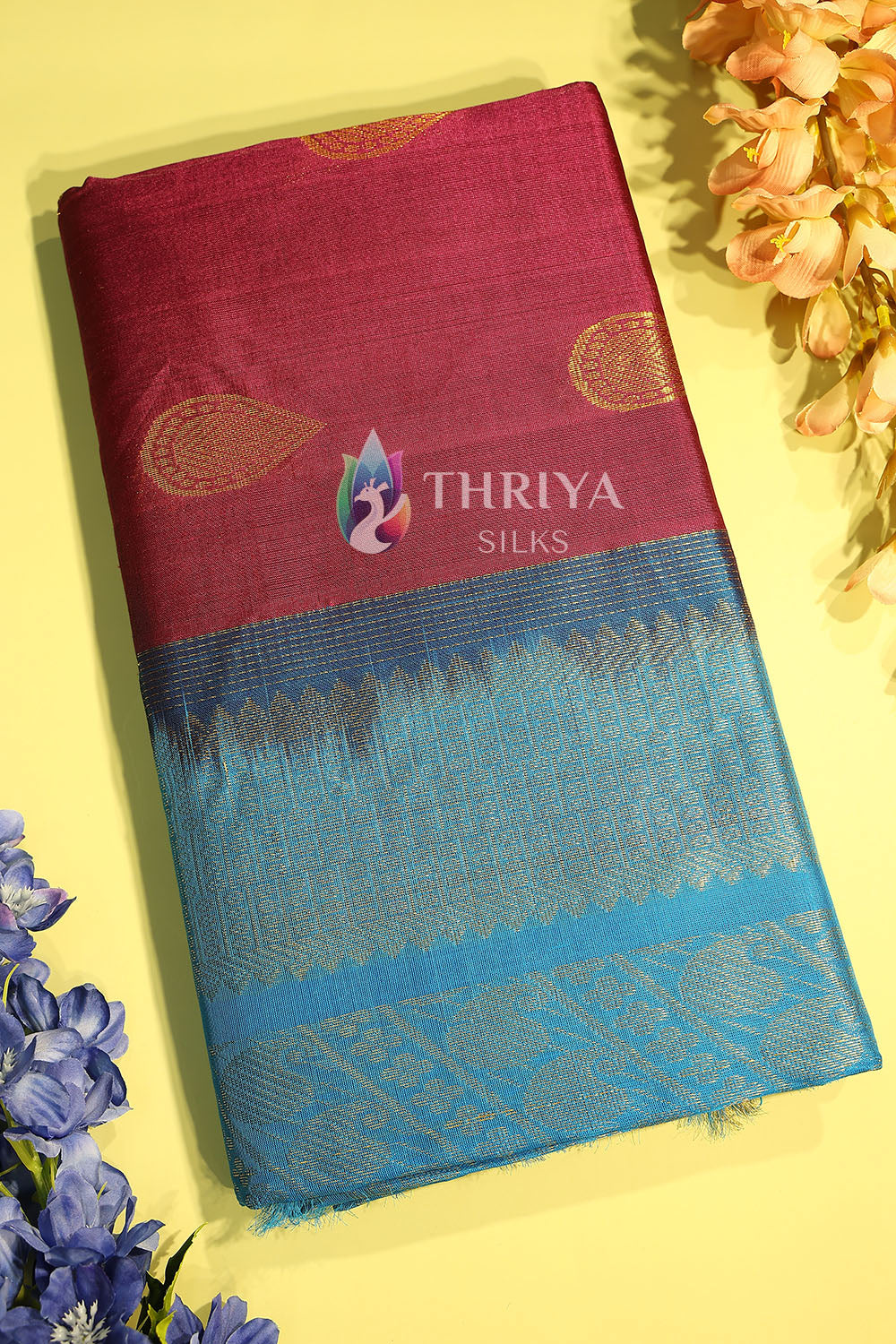 Silk Cotton Saree in Maroon and Sky Blue - TSTB050501 - View 1