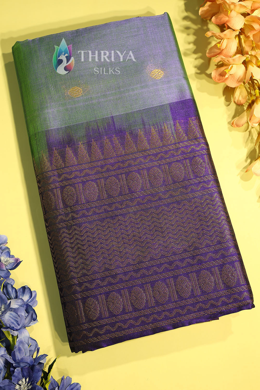 Silk Cotton Saree in Light Green and Sky Blue - TSKB040503