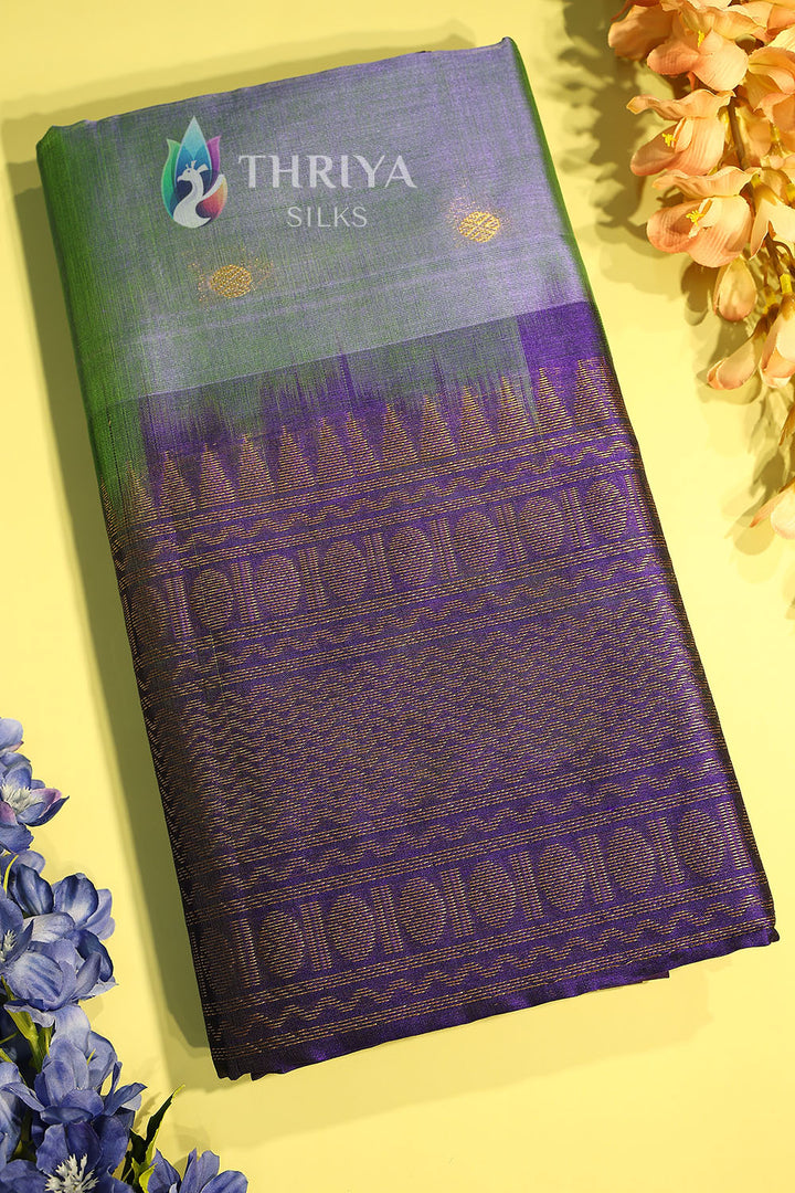 Silk Cotton Saree in Light Green and Sky Blue - TSKB040503