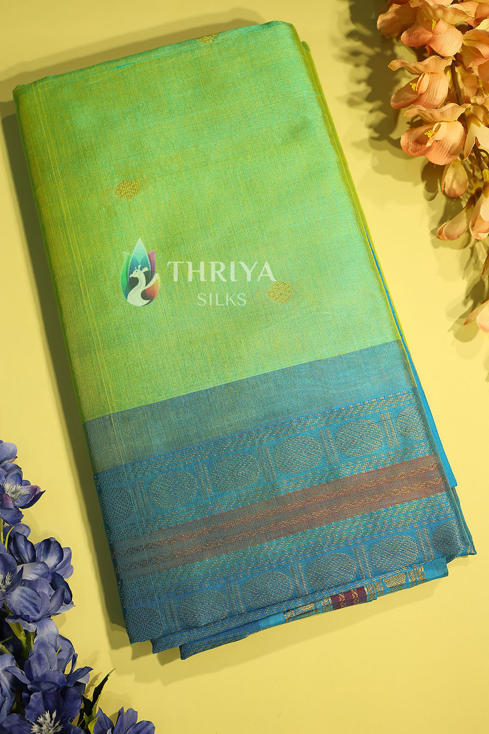 Silk Cotton Saree in Light Green and Sky Blue - TSKB040503 - View 1