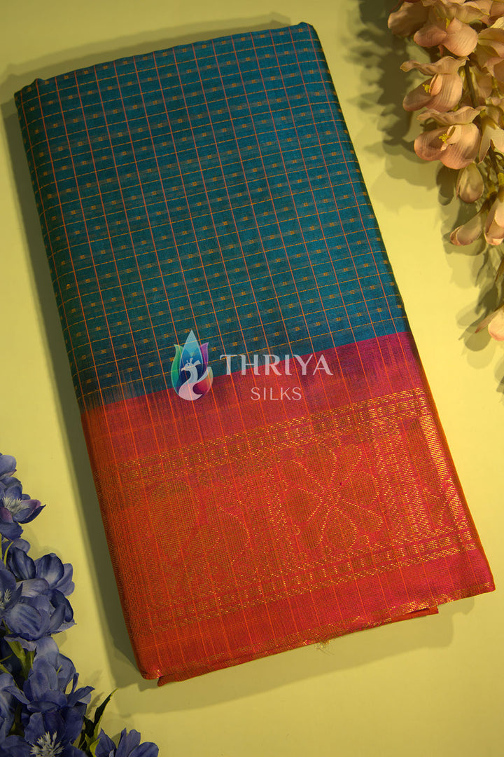 Silk Cotton Saree in Peacock Green and Pink - TSLD040501 - View 1