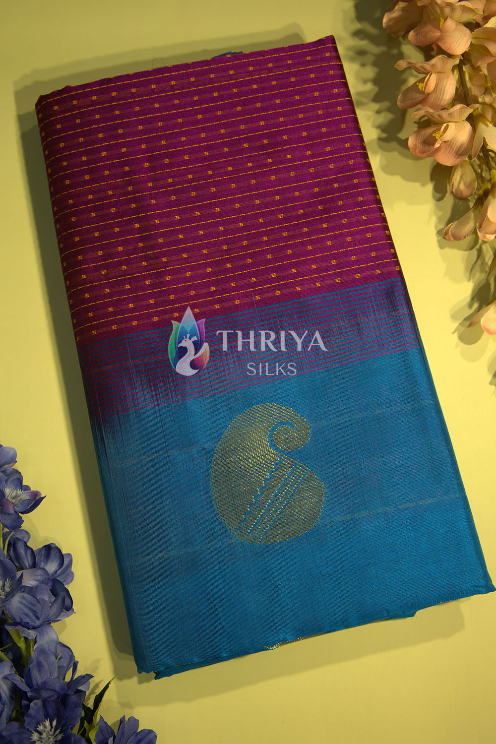 Silk cotton Saree in Magenta Purple and Sky Blue - TSCD050505 - View 1