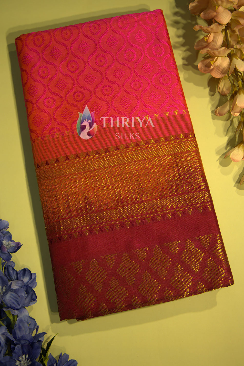 Silk Cotton saree in Light Pink and Maroon - TSEM050505 - View 1