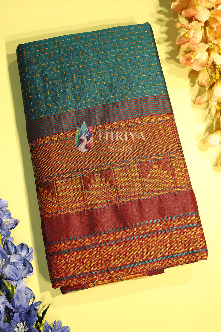 Silk Cotton Saree in Peacock Green and Dark Maroon - TSB040512 - View 1