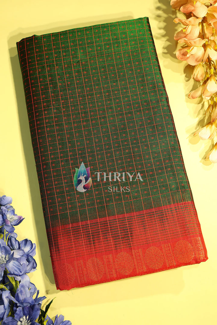 Silk Cotton Saree in Dark Green and Red - TSLD040504 - View 1