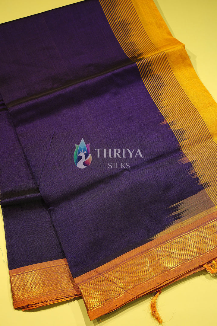 Silk Cotton Saree in Dark Blue and Mustard Yellow - TSSB040508 - View 2