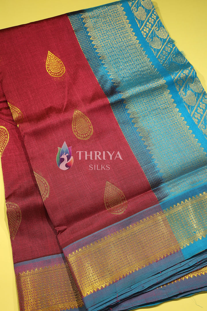 Silk Cotton Saree in Maroon and Sky Blue - TSTB050501 - View 2