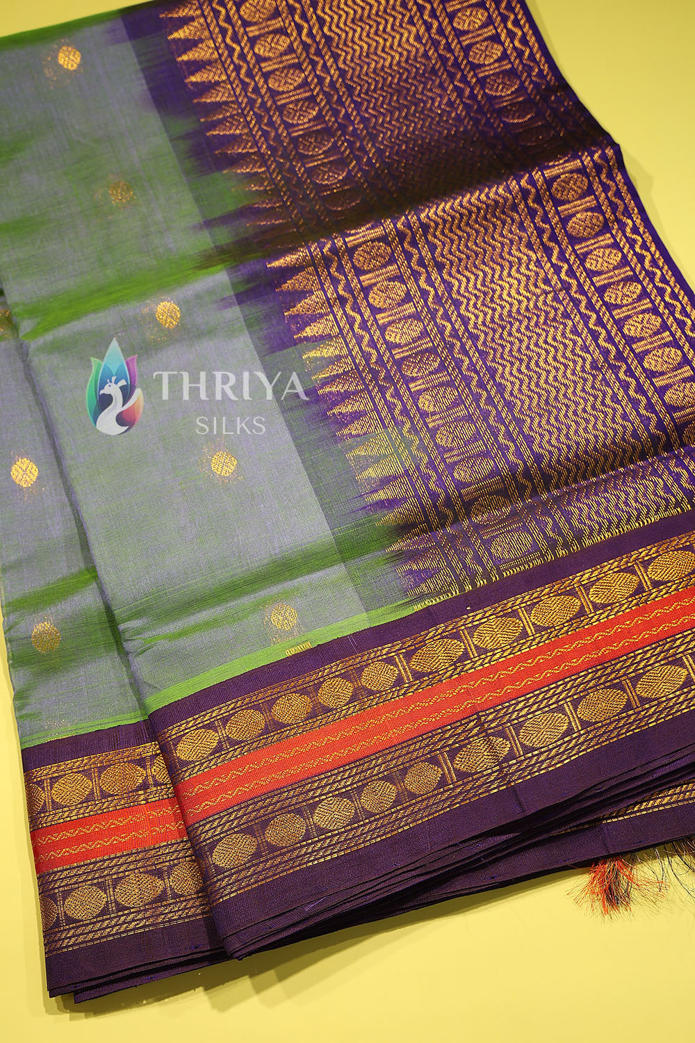 Silk Cotton Saree in Ash Blue and Royal Blue - TSKB040502 - View 2